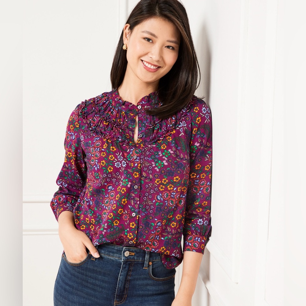 Talbots shirred neck floral top Women’s L - new with tags Long sleeve purple